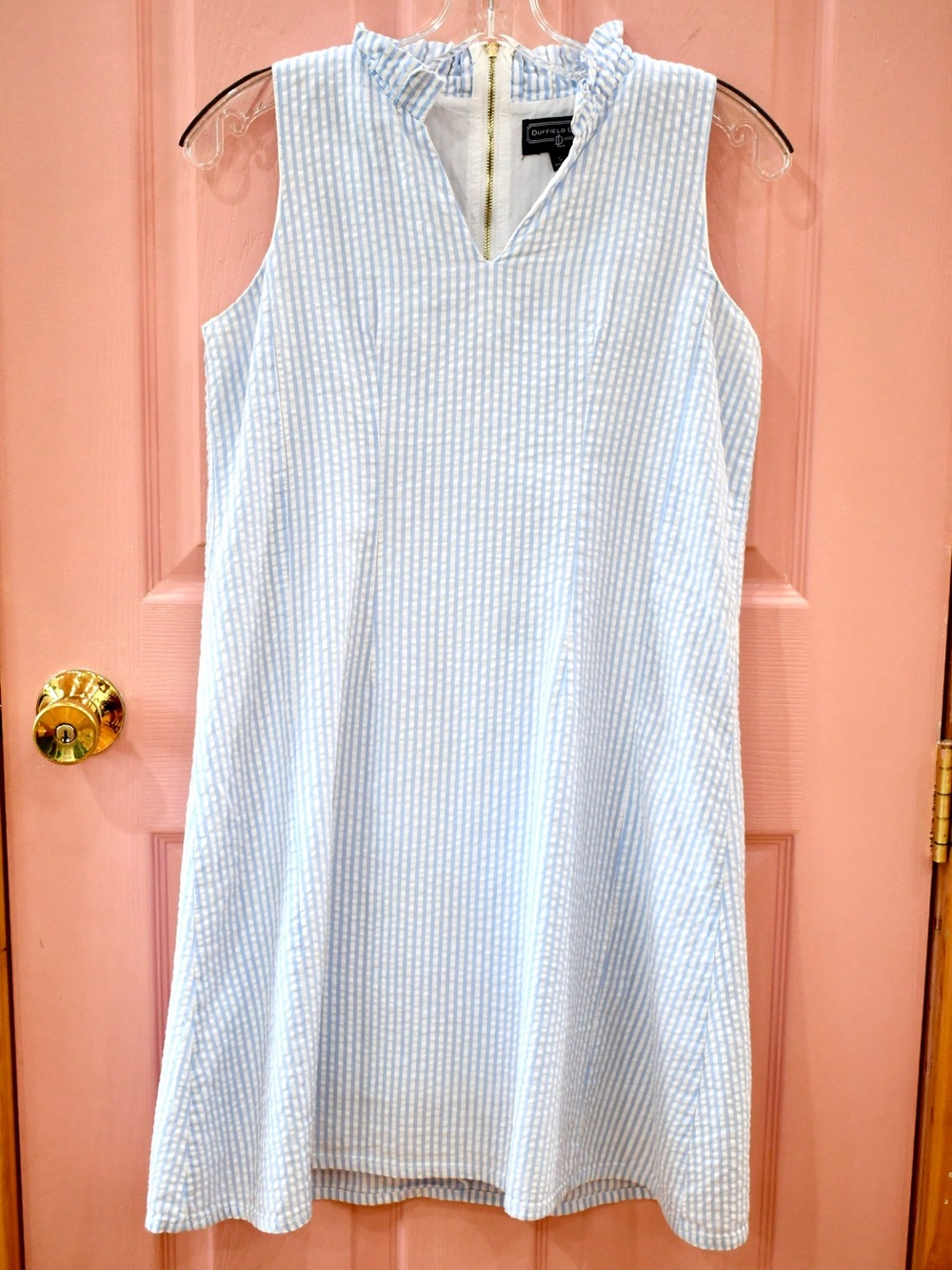 Duffield Lane Light Blue & White Sunseeker Ruffle Collar Mini Cotton Dress S
